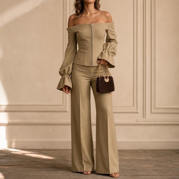 Wearbella – Off-Shoulder Bubble Sleeve Top And Wide-Leg Pants Set