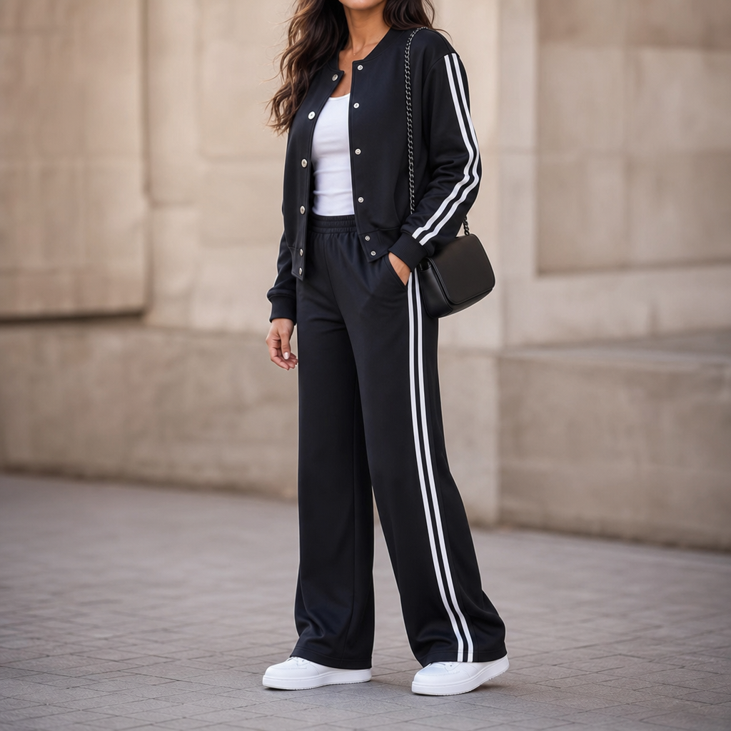 Wearbella – Contrast-Stripe High-Waisted Wide-Leg Loungewear Set