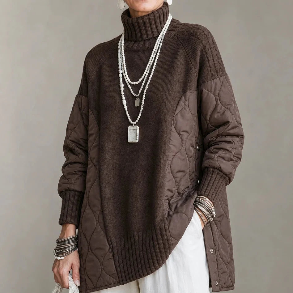 Quilted Haven – Quilted Panel Turtleneck Pullover