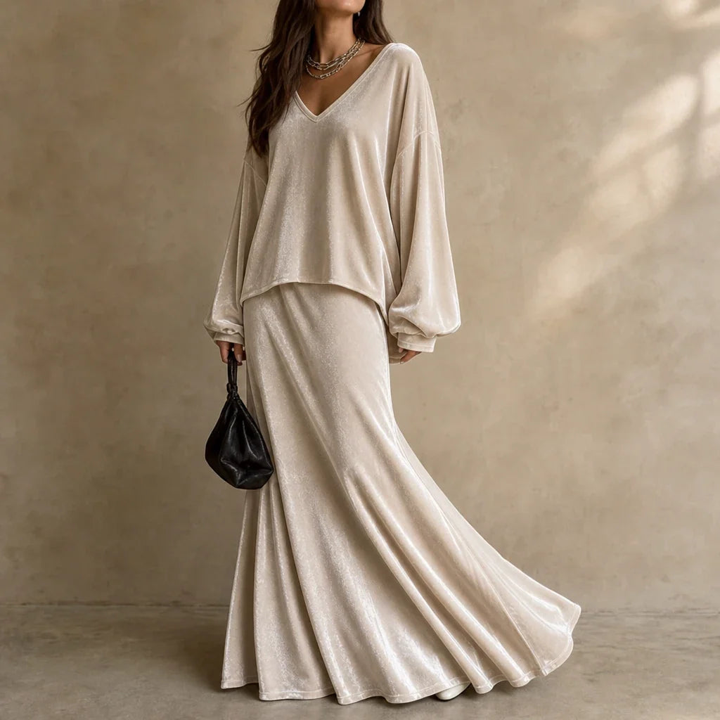 Veloura – Relaxed Velvet Top And Flared Maxi Skirt Set