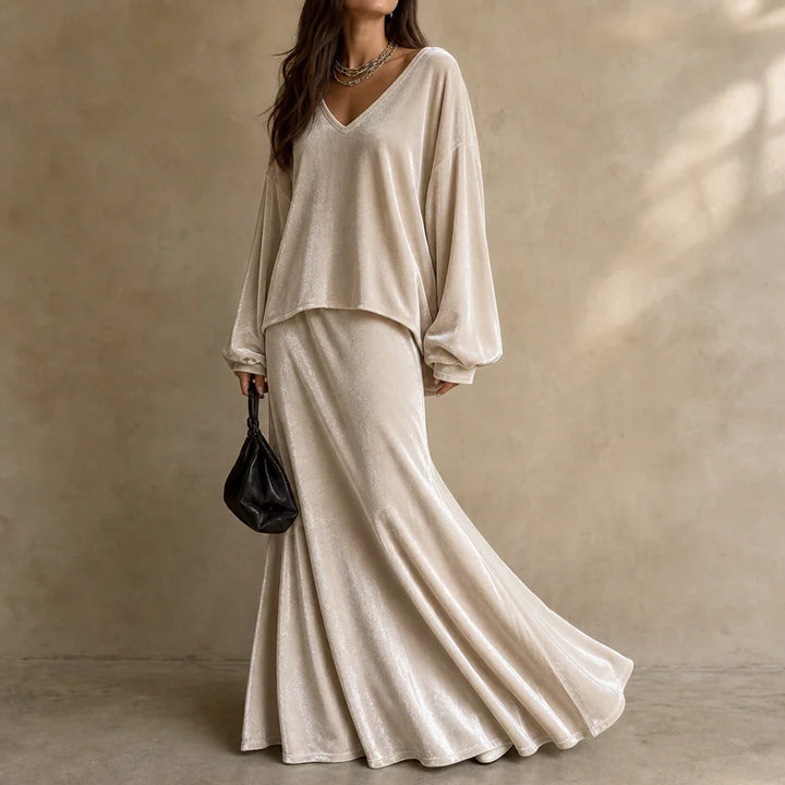 Veloura – Relaxed Velvet Top And Flared Maxi Skirt Set