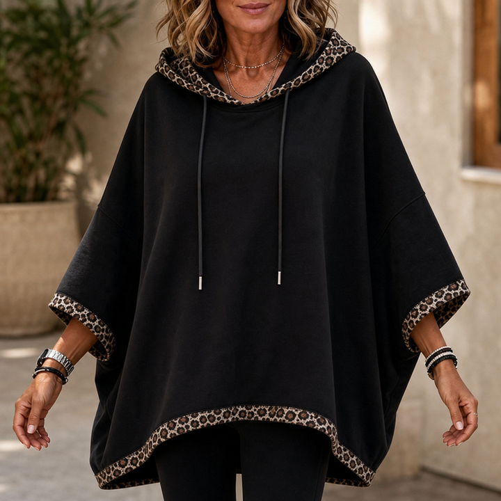 Wildelle – Leopard Trim Wide Sleeve Off-Shoulder Hoodie