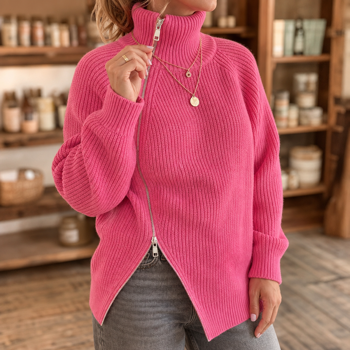 Wearbella – Asymmetric Zip Ribbed Knit Sweater