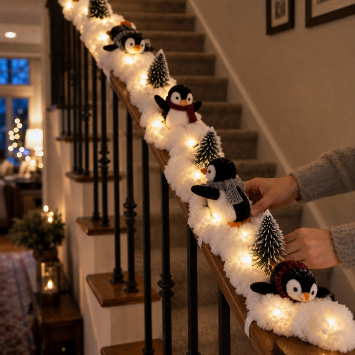 Snowy Stairway – Penguin Faux Snow Staircase Garland
