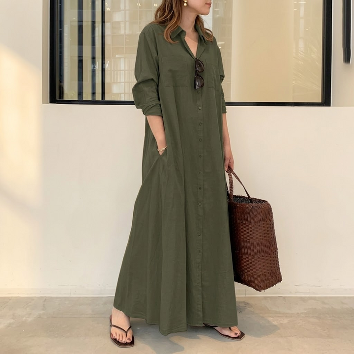 Marivelle™ – Effortless Maxi Shirt Dress with Pockets
