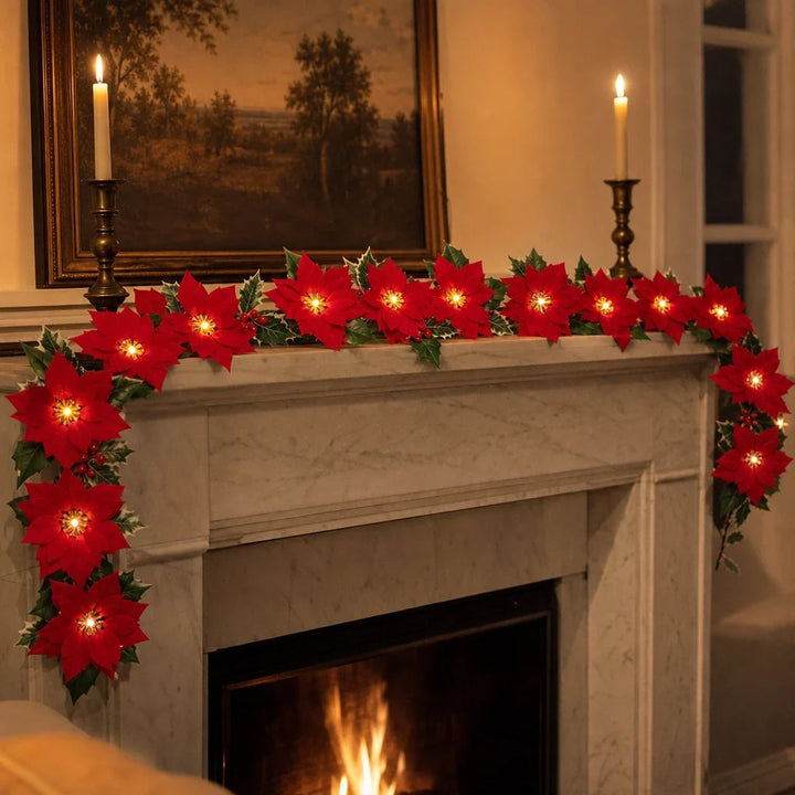 Poinsettia Glow – Battery-Powered Poinsettia LED Garland
