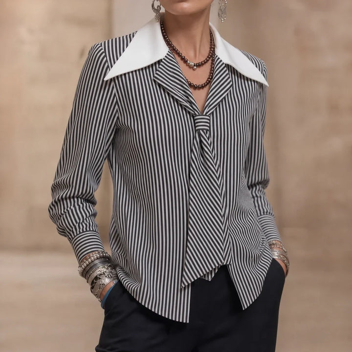 Overa – Black And White Striped Tie-Neck Blouse