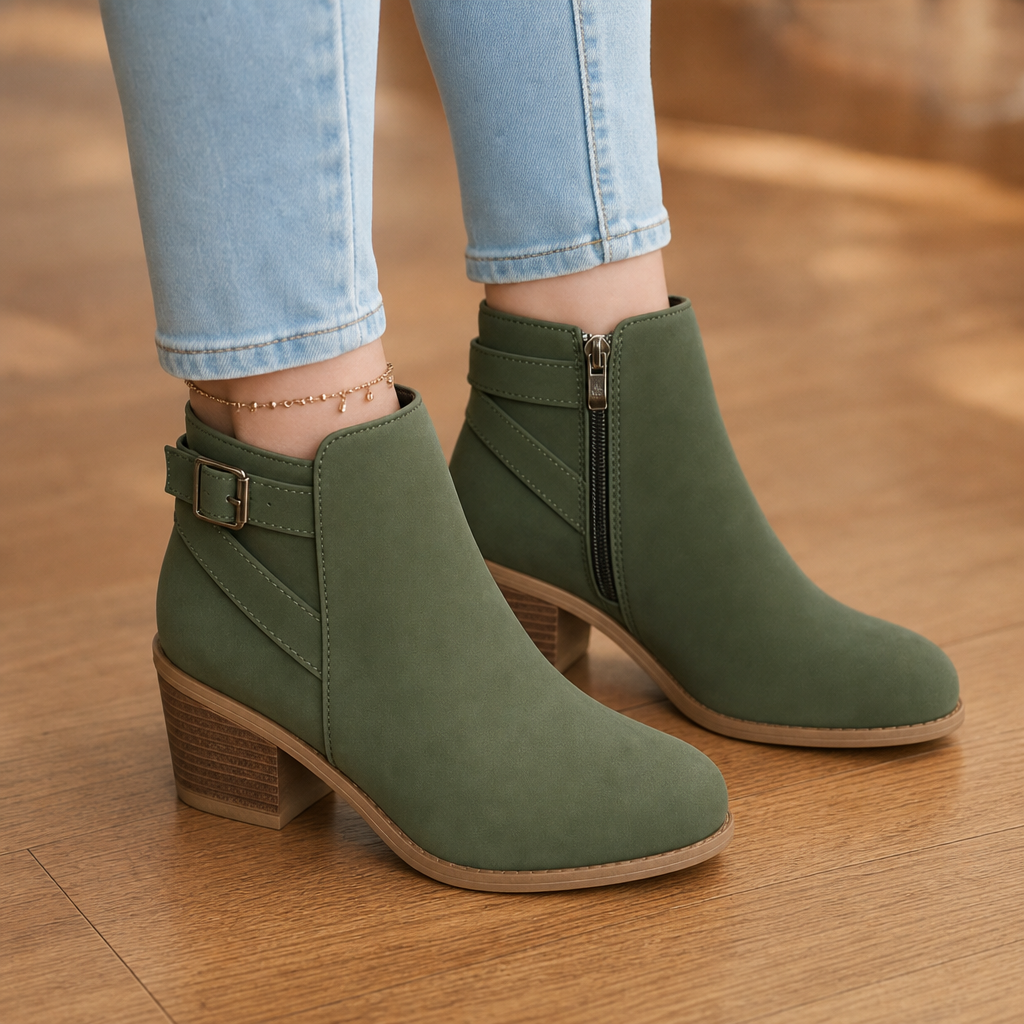 Buckle & Block – Slanted Buckle Side-Zip Ankle Boots