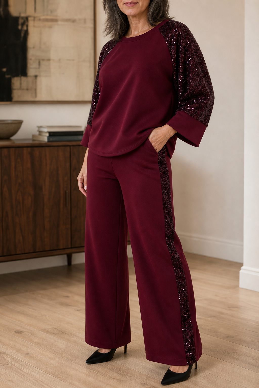 Sneakglow – Sequined Wide-Leg Sweater And Pants Set