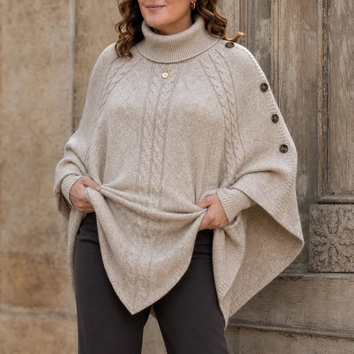 Cabelune – High-Neck Cable-Knit Cape Poncho Sweater