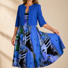 Phaeline™ - Printed Midi Dress with Attached Cardigan