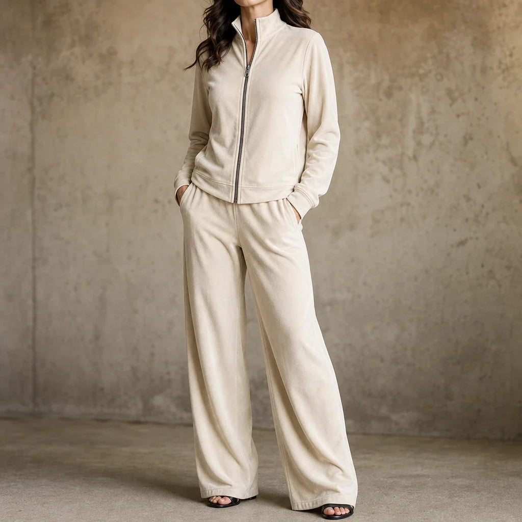 Veloura – Velvet Zip-Front Top And Wide-Leg Pants Set