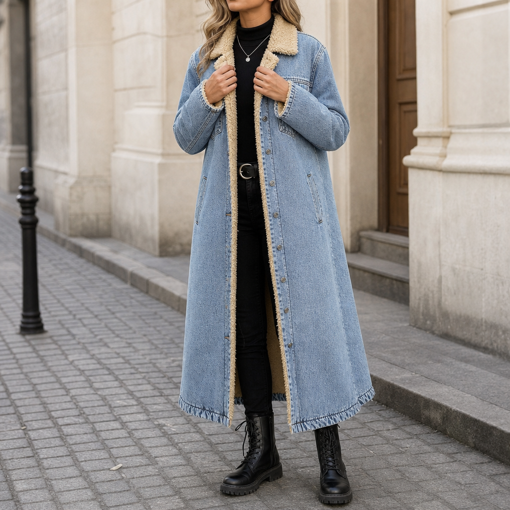 Denora – Sherpa-Lined Full-Length Denim Coat