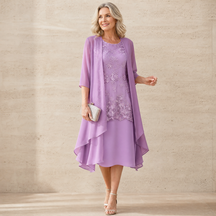 Lunavia™ Floral Lace Dress Set with Chiffon Shawl