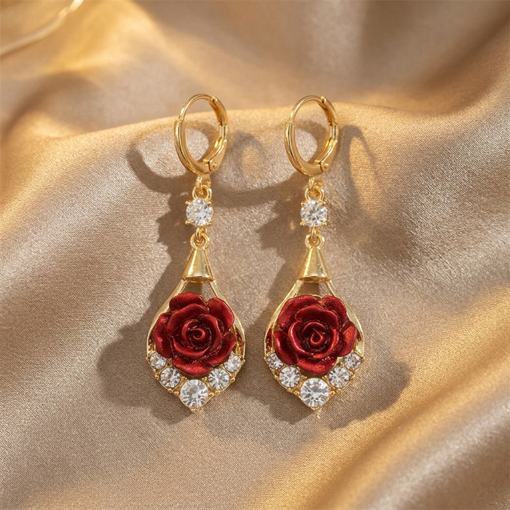 Rosavelle™ – Red Rose Crystal Drop Earrings