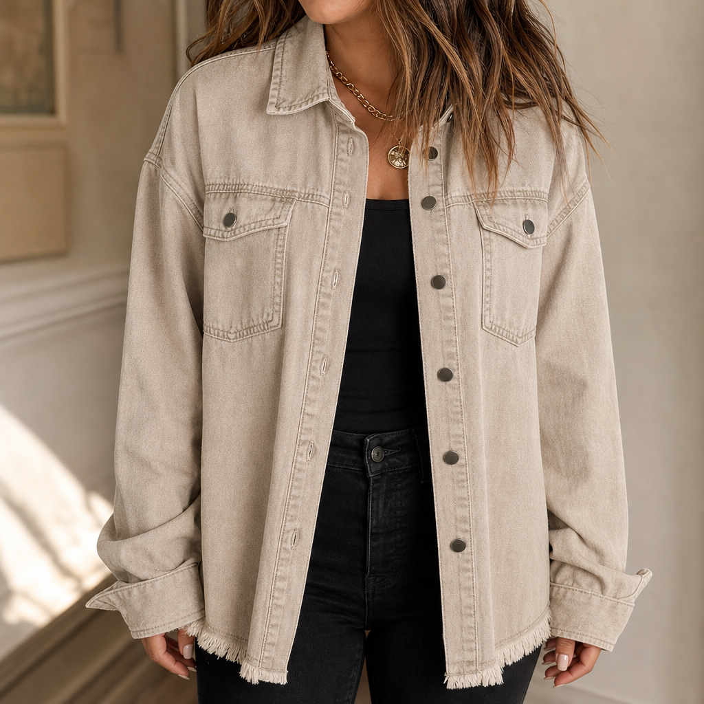 Frayden – Washed Frayed-Hem Denim-Look Jacket