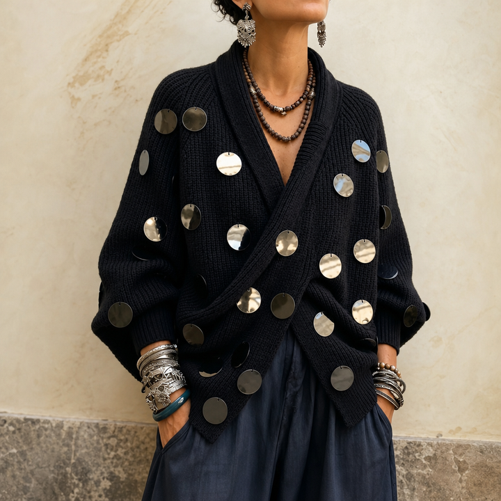 Diskelle – Metallic Disk Wrap Cardigan