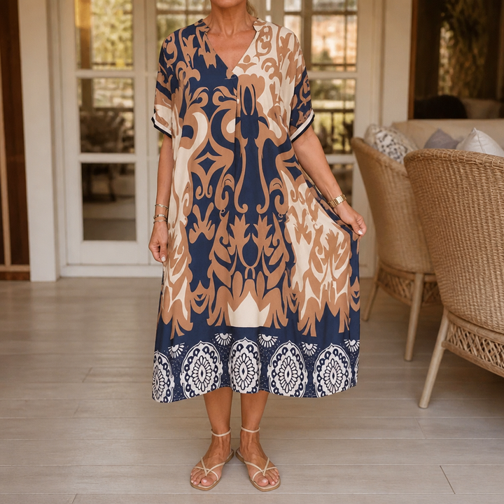 Wearbella – V-Neck Loose Fit Printed Midi Dress