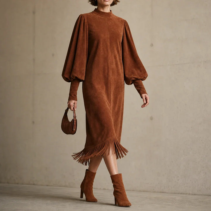 Suede Serenade – Faux Suede-Look Lantern Sleeve Fringe Midi Dress