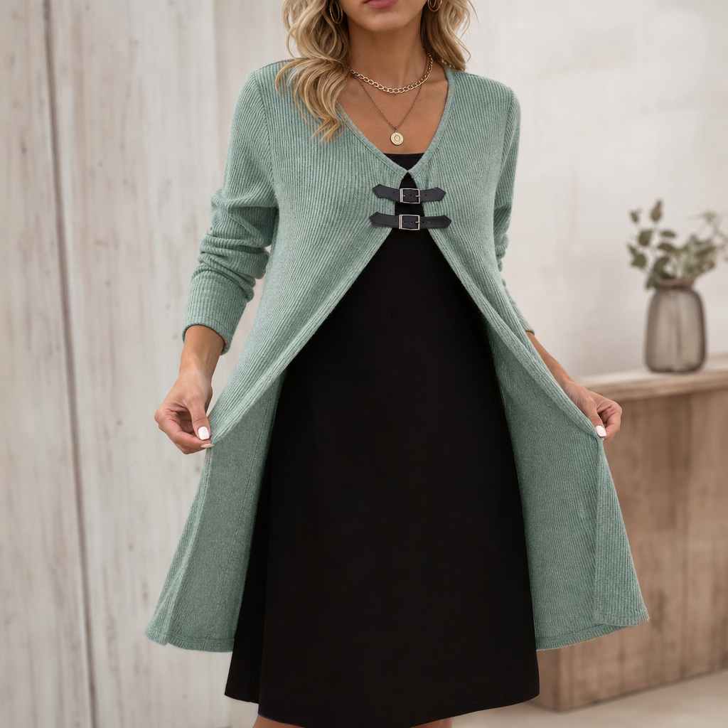 Duetta – Faux Two-Piece Buckle-Accent Ribbed A-Line Dress