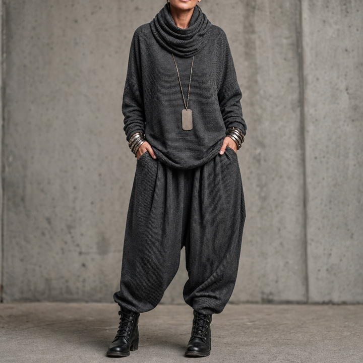 Pinstripe Poise – Draped High-Neck Top And Lantern Pants Set
