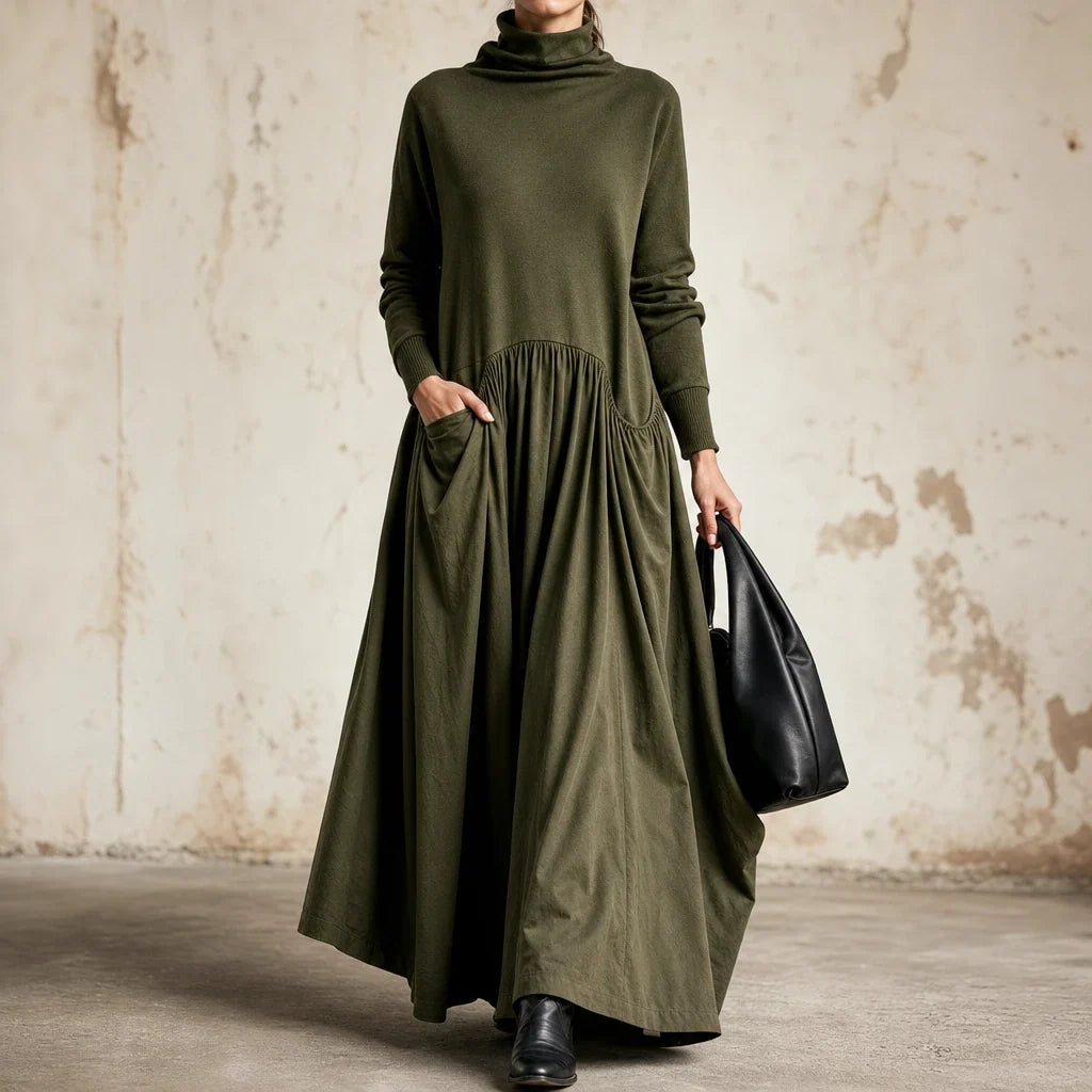Clara – High Collar Gathered Skirt Maxi Dress