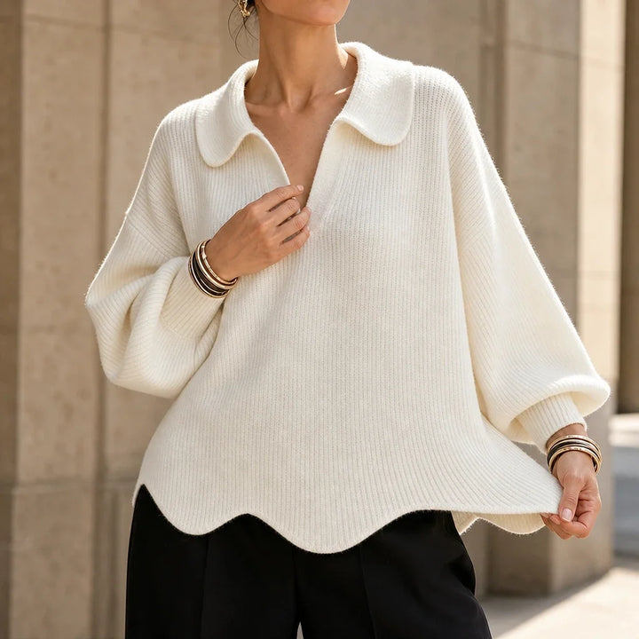 Velluna – Scalloped Hem V-Neck Sweater