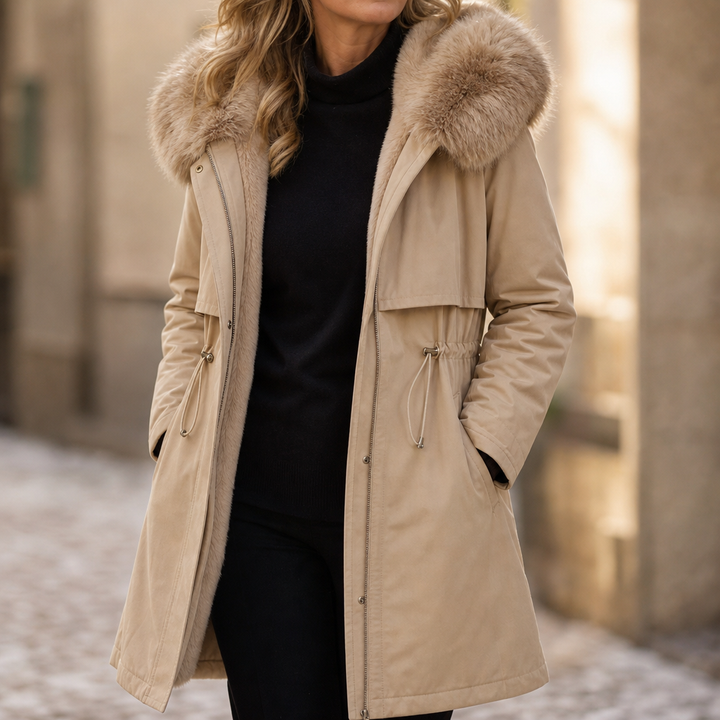 Velora – Hooded Mid-Length Faux-Fur Coat