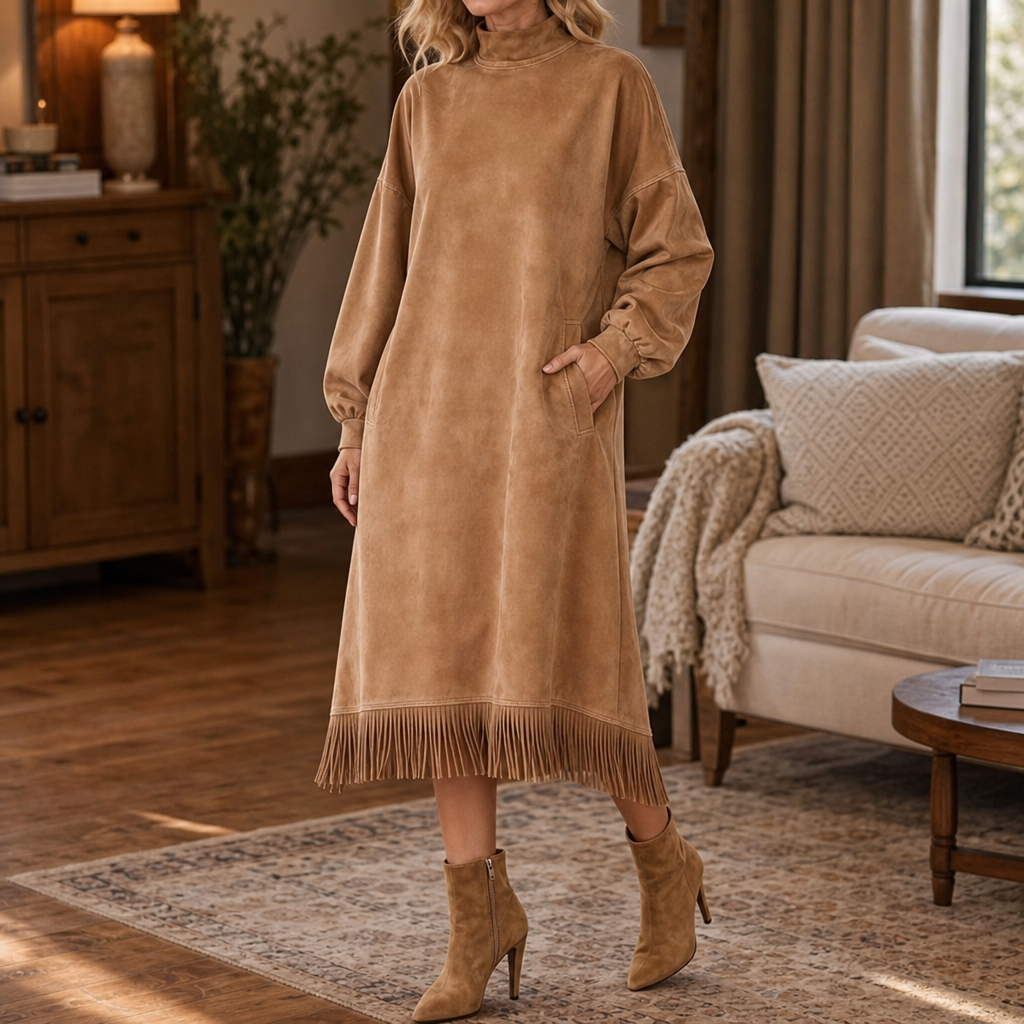 Tasselina – High-Neck Faux-Suede Tassel-Hem Dress