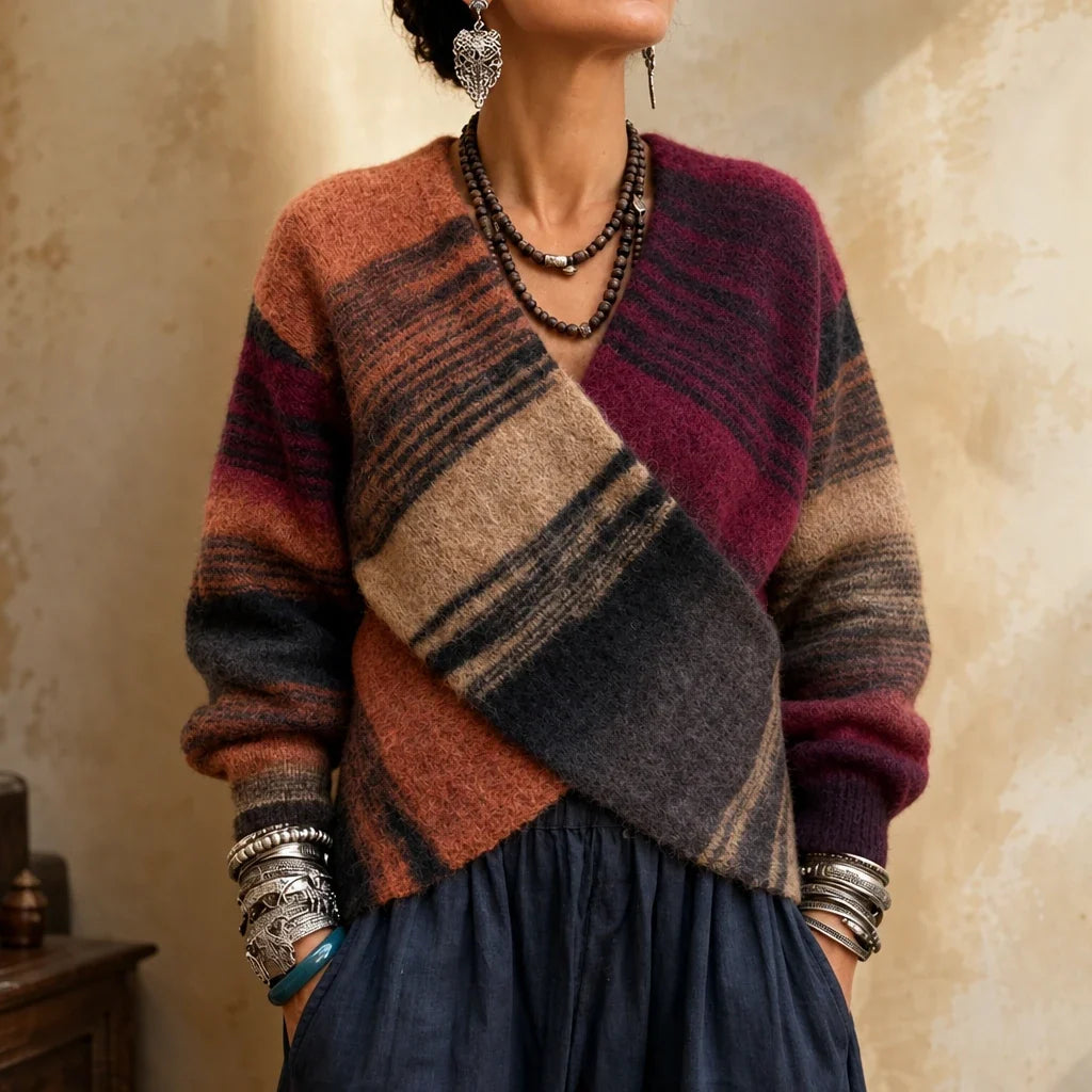 Wearbella – Multicolor Faux-Wrap Striped Knit Sweater