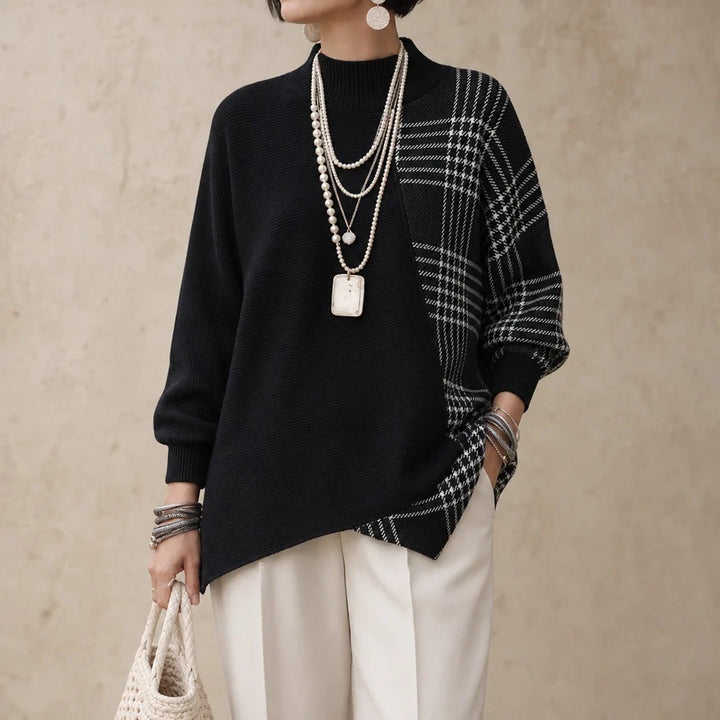 Plaidelle – Asymmetric Plaid Panel Knit Sweater