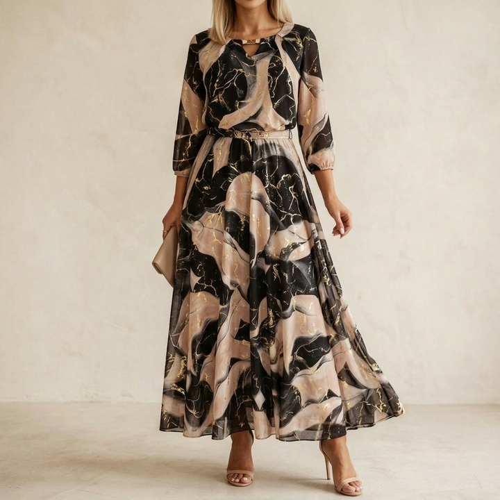 Vivara™ – Marble Gold Chiffon Maxi Dress