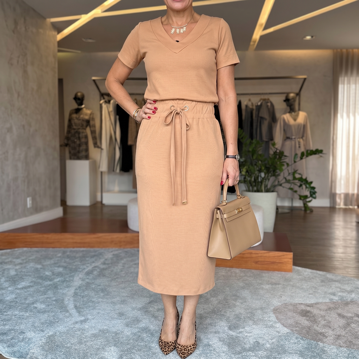 Saviya™ – Ribbed V-Neck Top and Midi Skirt Set