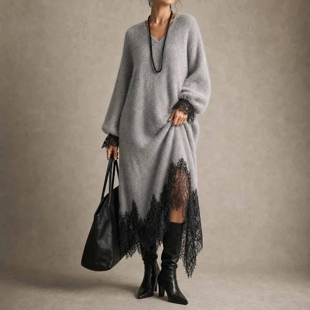 Lunavia – Floral Lace Hem Knit Midi Dress