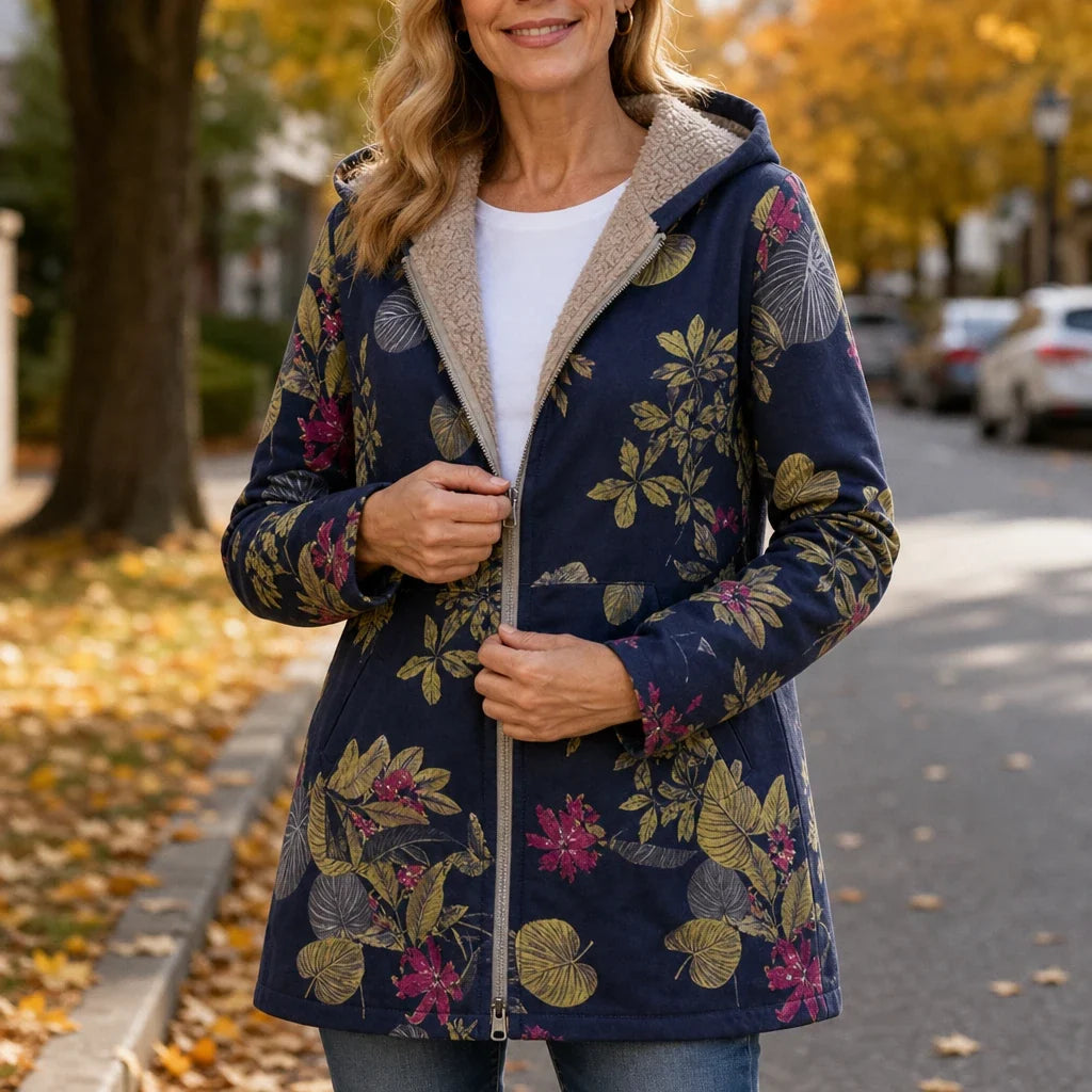 Leafora – Vintage Leaf-Print Hoodie Jacket