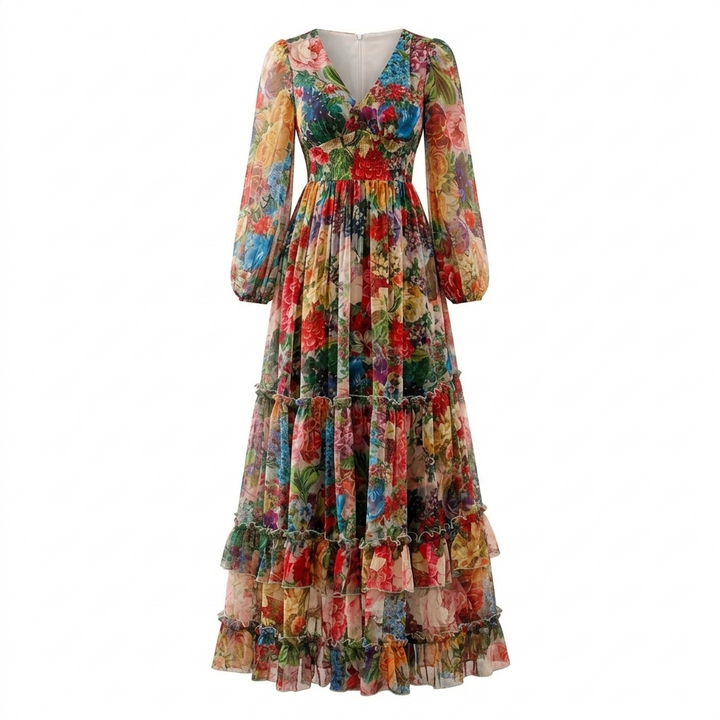 Floressa™ – Tiered Floral Maxi Dress with Lantern Sleeves