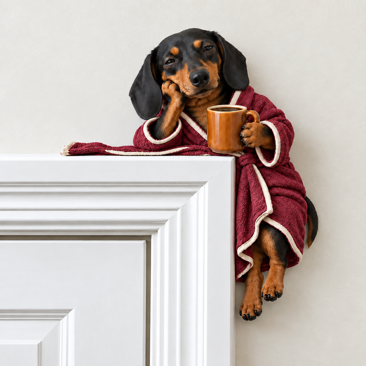 Cozy Cornerhound – Bathrobe Coffee Dachshund Doorway Figurine