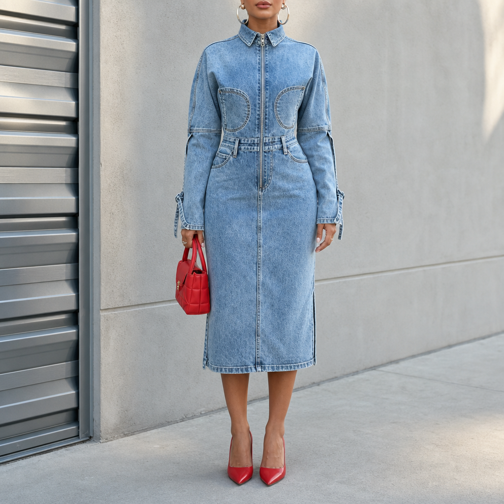 Wearbella – Half-Zip Collared Tie-Cuff Midi Dress