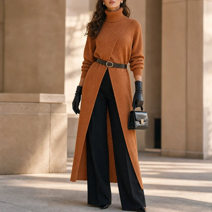 Linevera – Pit-Stripe Ribbed Asymmetric Turtleneck Top