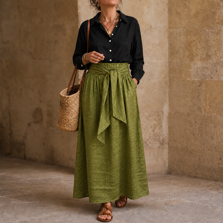 Olive & Onyx – Button Shirt And Tie-Waist Midi Skirt Set
