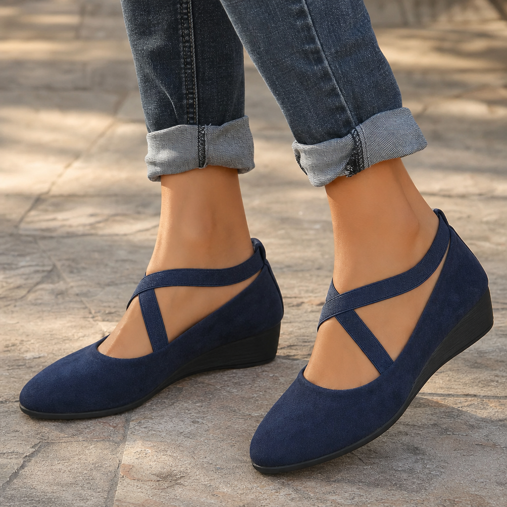 Elara Wedge – Crisscross Elastic Strap Wedge Flats