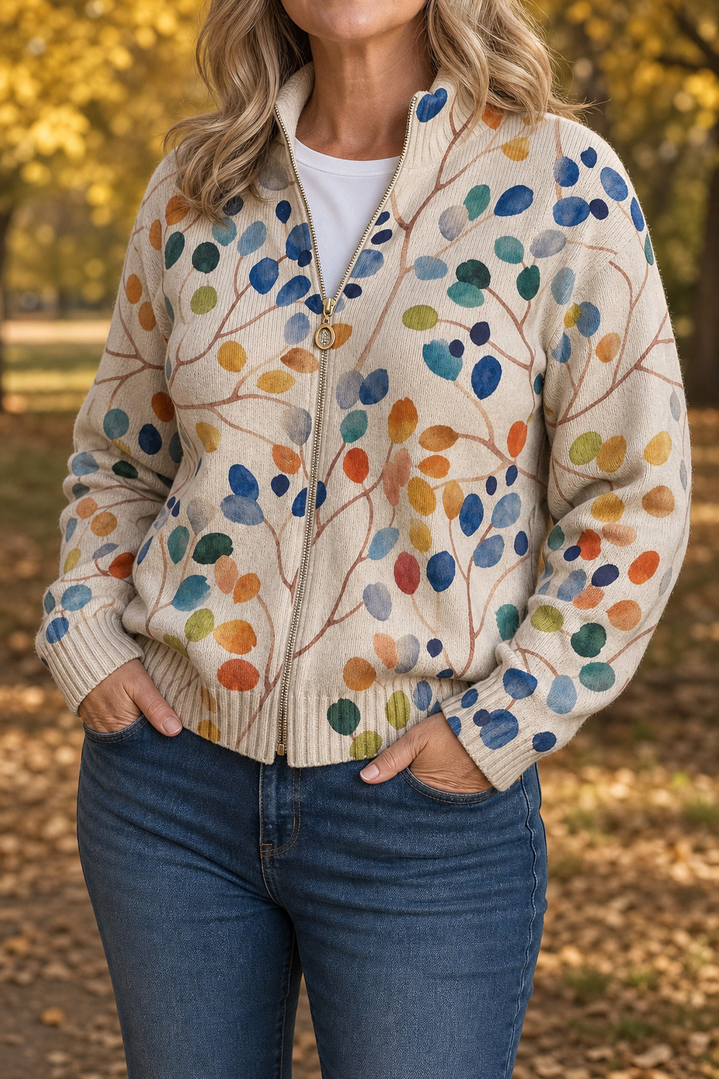 Threezip – Botanical Print Zip-Up Bomber Cardigan