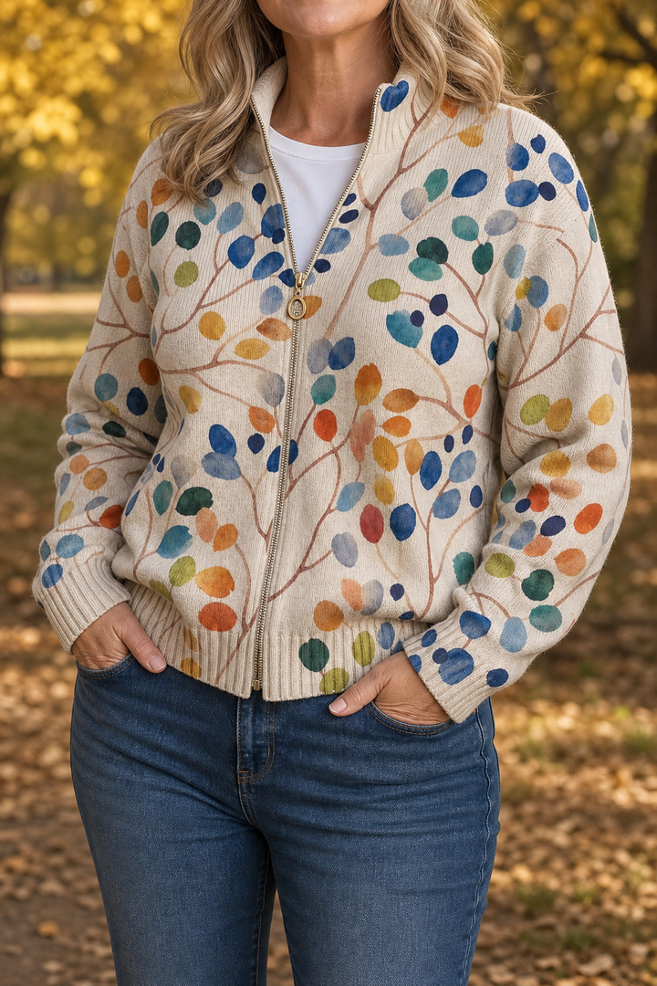 Threezip – Botanical Print Zip-Up Bomber Cardigan