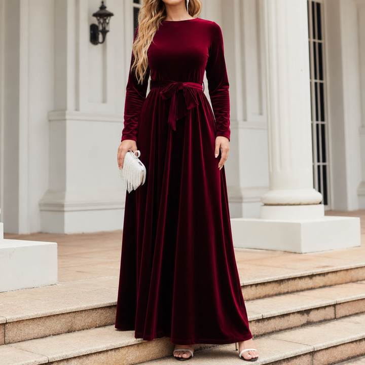 Velvora – Belted Velvet Look A-Line Maxi Dress