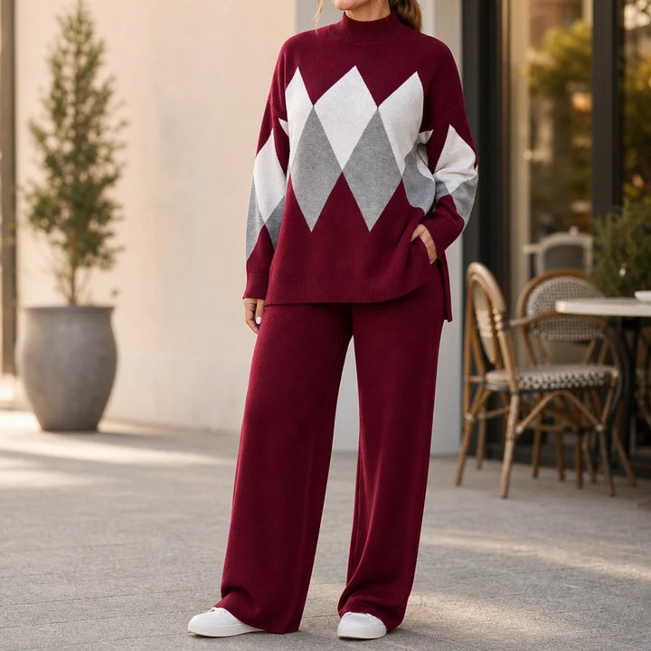 Argyle Ease – Argyle Knit Sweater And Wide-Leg Trouser Set