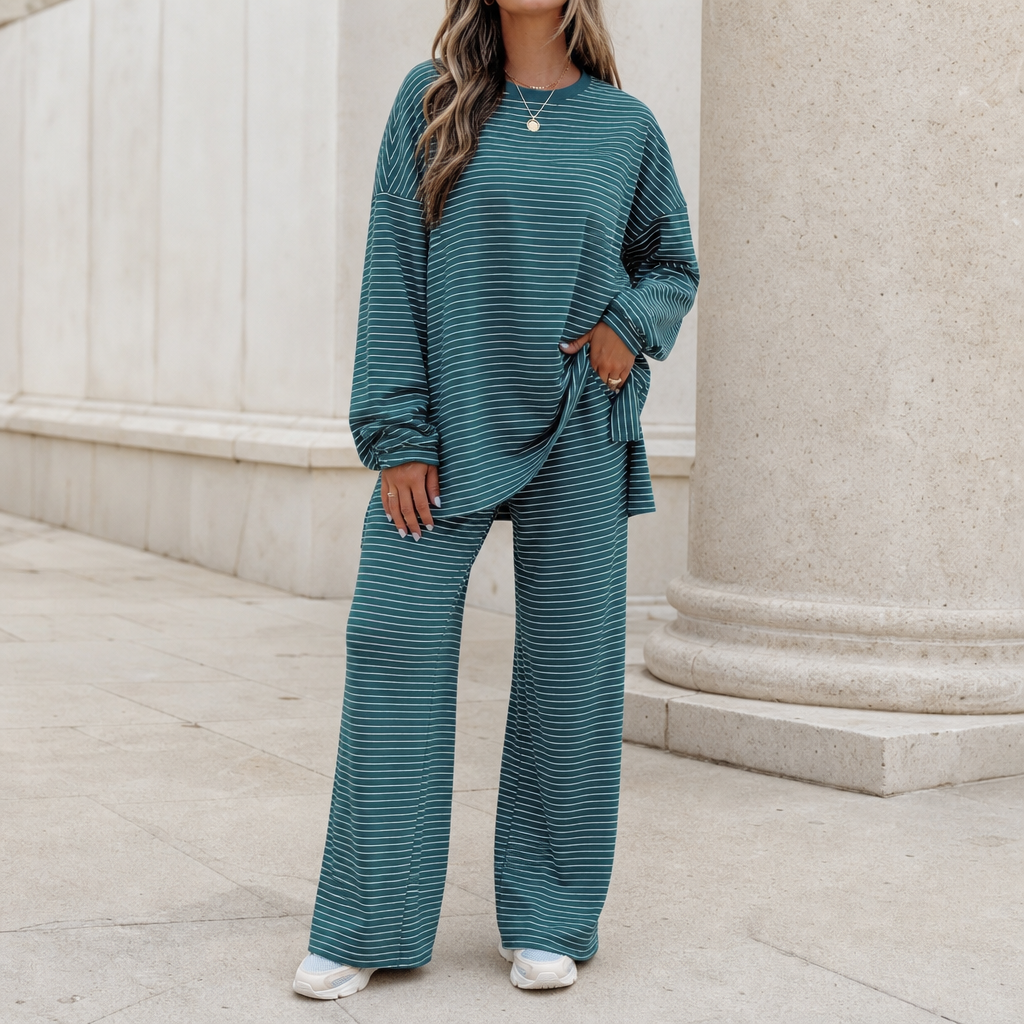 Stripe & Ease – Striped Pullover And Wide-Leg Pants Set