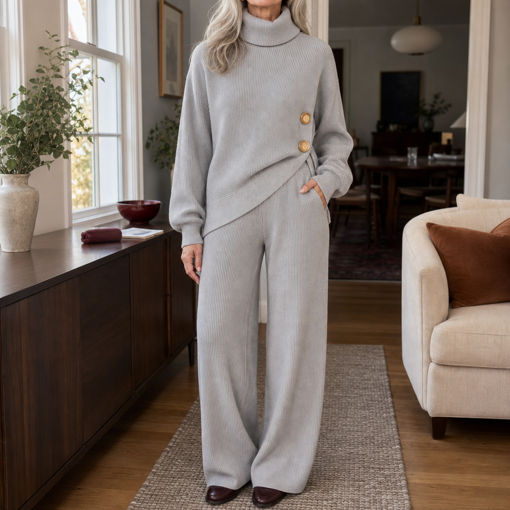 Wearbella – Asymmetric Button Hem Knit Turtleneck Set