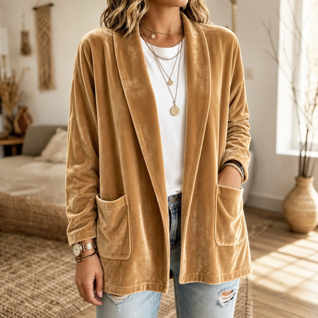 Velvetelle – Textured Velvet Shawl-Collar Open-Front Cardigan