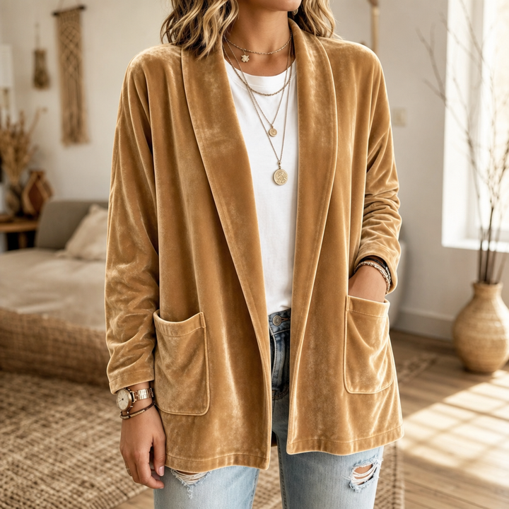 Velvetelle – Textured Velvet Shawl-Collar Open-Front Cardigan