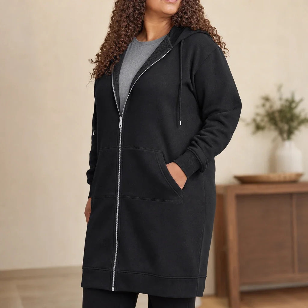 Cozyline – Knee-Length Fleece-Lined Zip-Up Hoodie